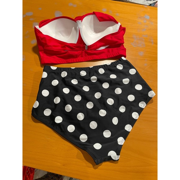 NEW‎ Retro Polka High Waisted Underwire Bikini Cherry Cat Two Piece Swimsuit L - Picture 4 of 10